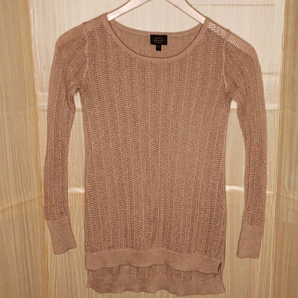 Frenchi Womens Tan Open Knit Sweater With Gold Sparkle Small